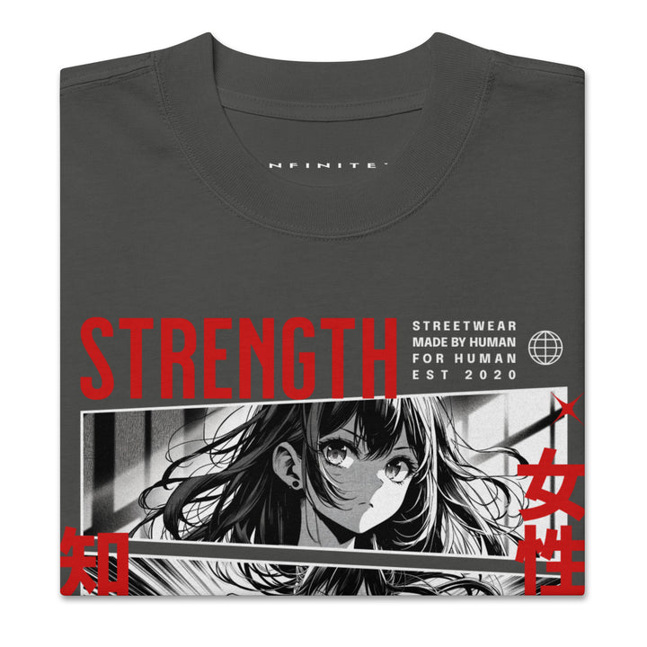 Warrior Strength Anime Oversized Faded Tee - Faded Coal Folded Front View