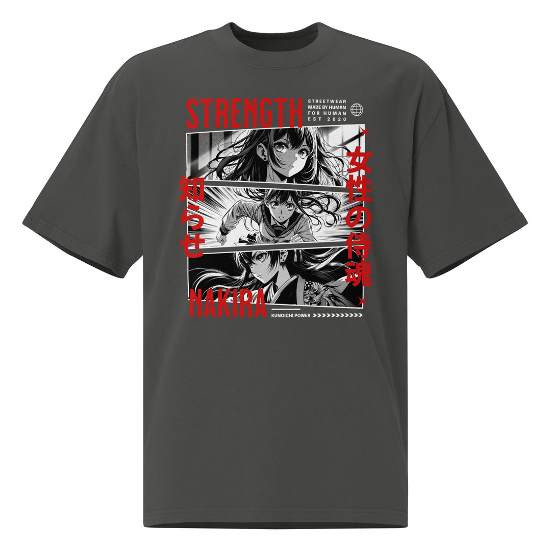 Warrior Strength Anime Oversized Faded Tee - Faded Coal Front View