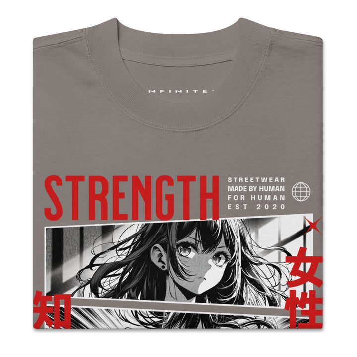 Warrior Strength Anime Oversized Faded Tee - Faded Grey Folded Front View