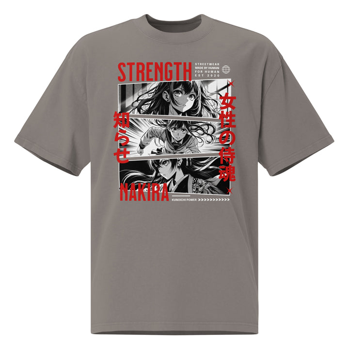 Warrior Strength Anime Oversized Faded Tee - Faded Grey Front View