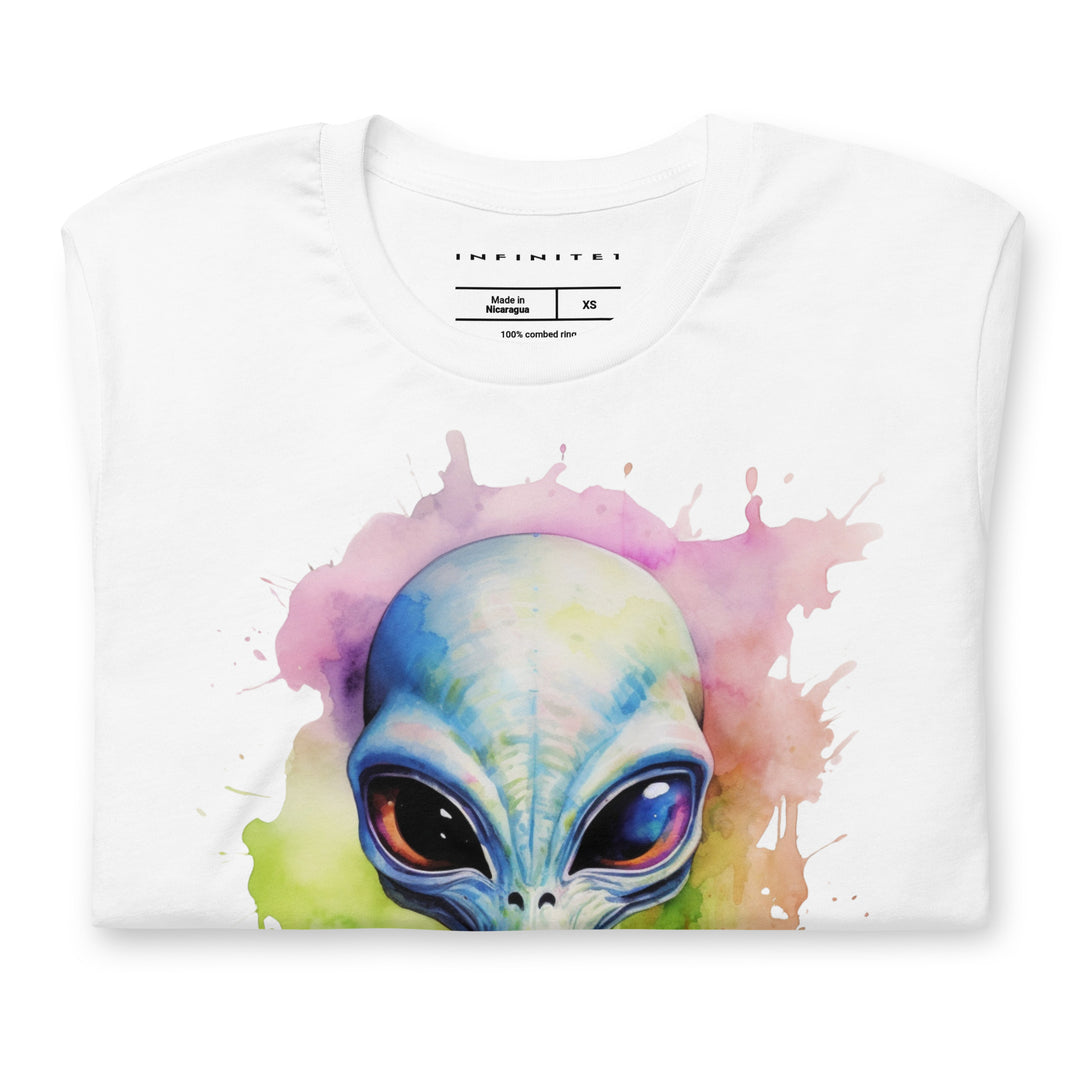 Watercolor Alien Graphic Tee, folded front view.