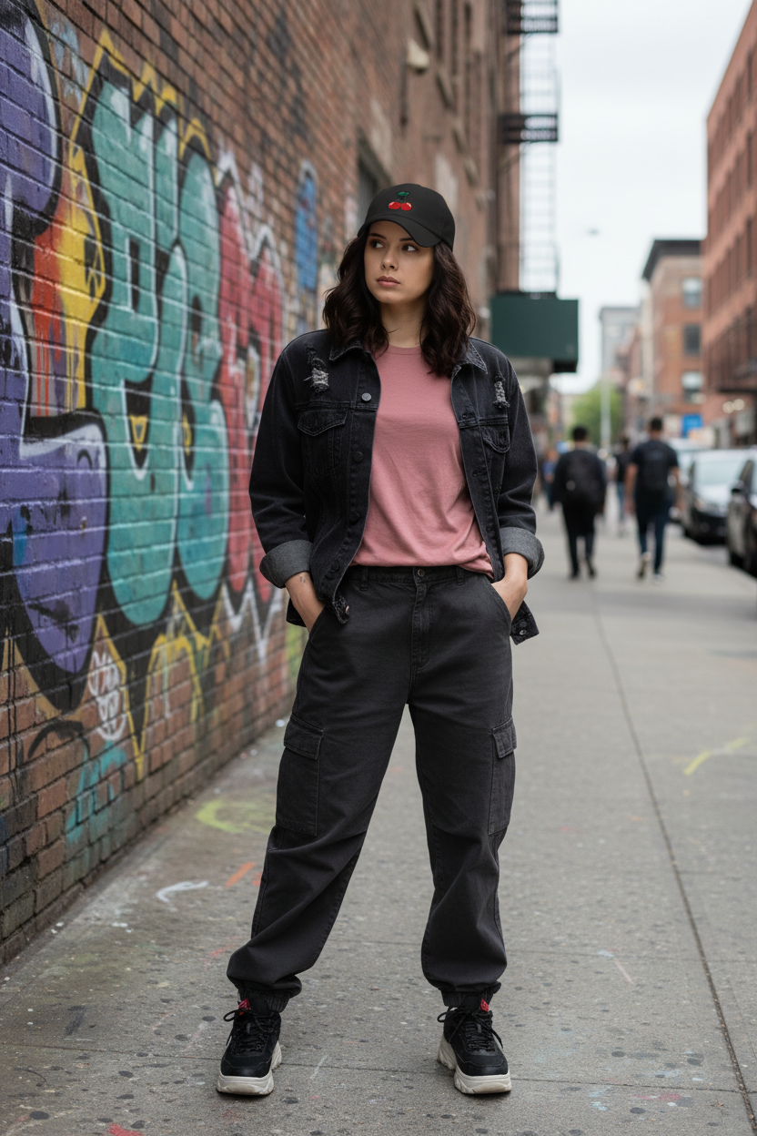 Woman standing in an urban setting with graffiti on a brick wall wearing the Cherry Bomb Dad Hat