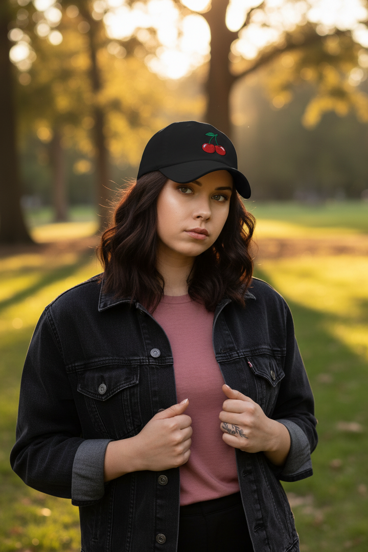 Woman wearing the Cherry Bomb Dad Hat and dark jacket in a park setting