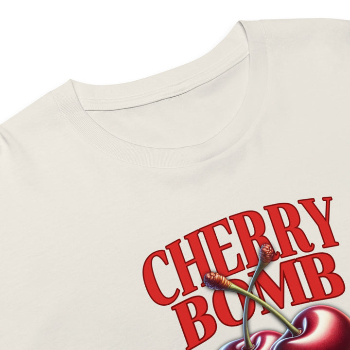 Women’s Cherry Bomb Graphic Crop Top, close-up front view.