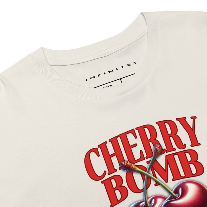 Women’s Cherry Bomb Graphic Crop Top, front close-up view.