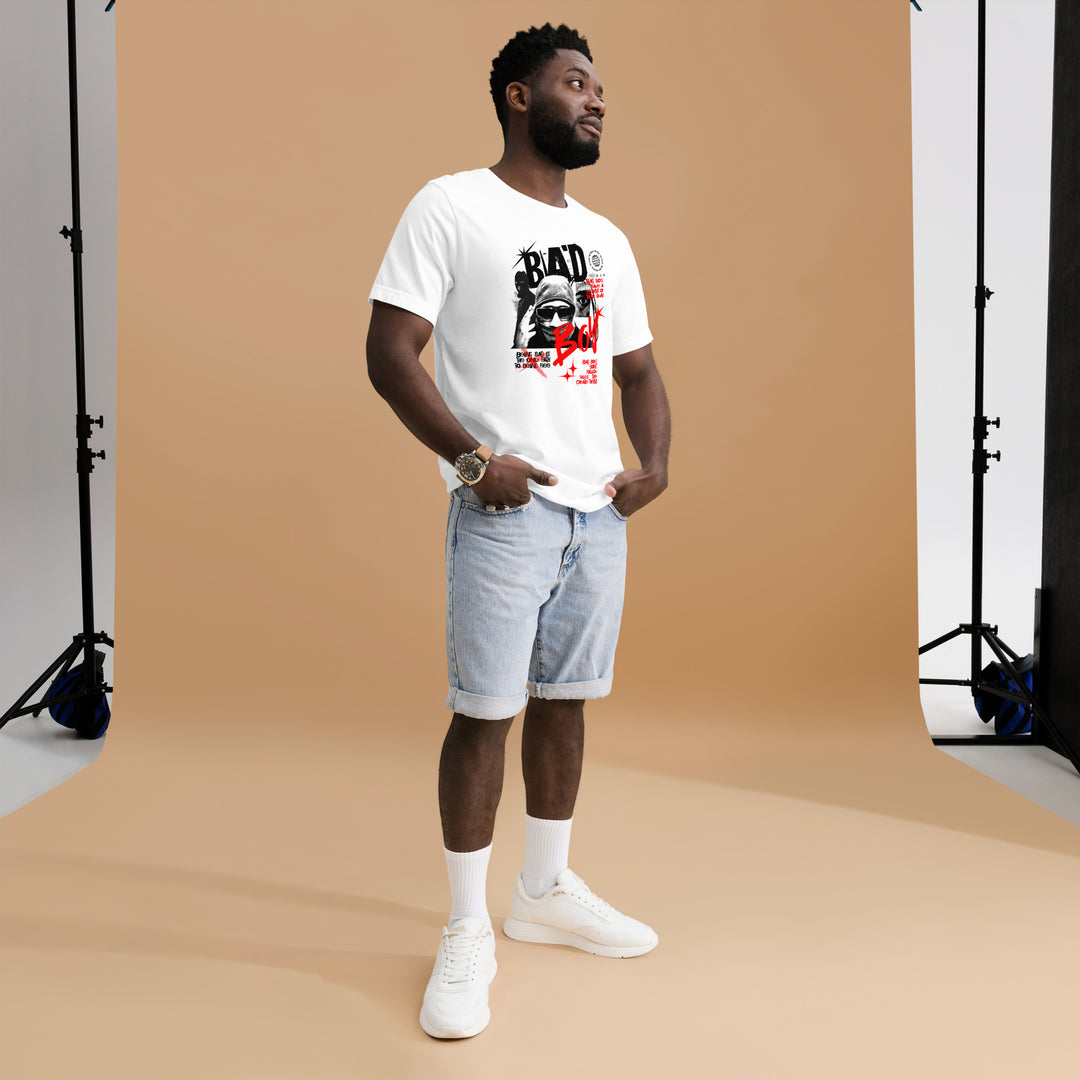 A modern young man in the studio is wearing the Men's Bad Boy Theme Short Sleeve Graphic T-shirt, full front view.