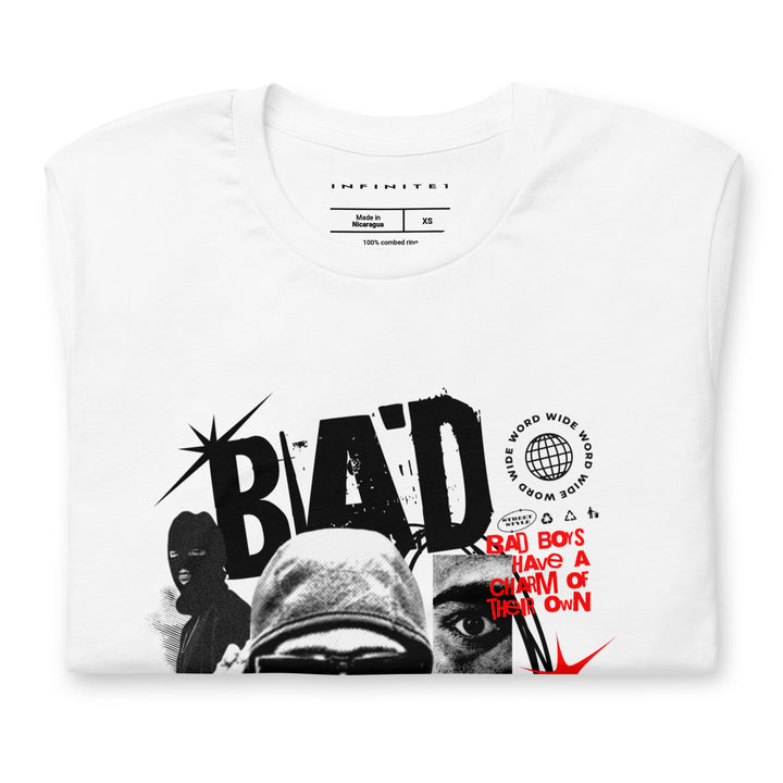 Men's Bad Boy Theme Short Sleeve Graphic T-shirt, folded front view.