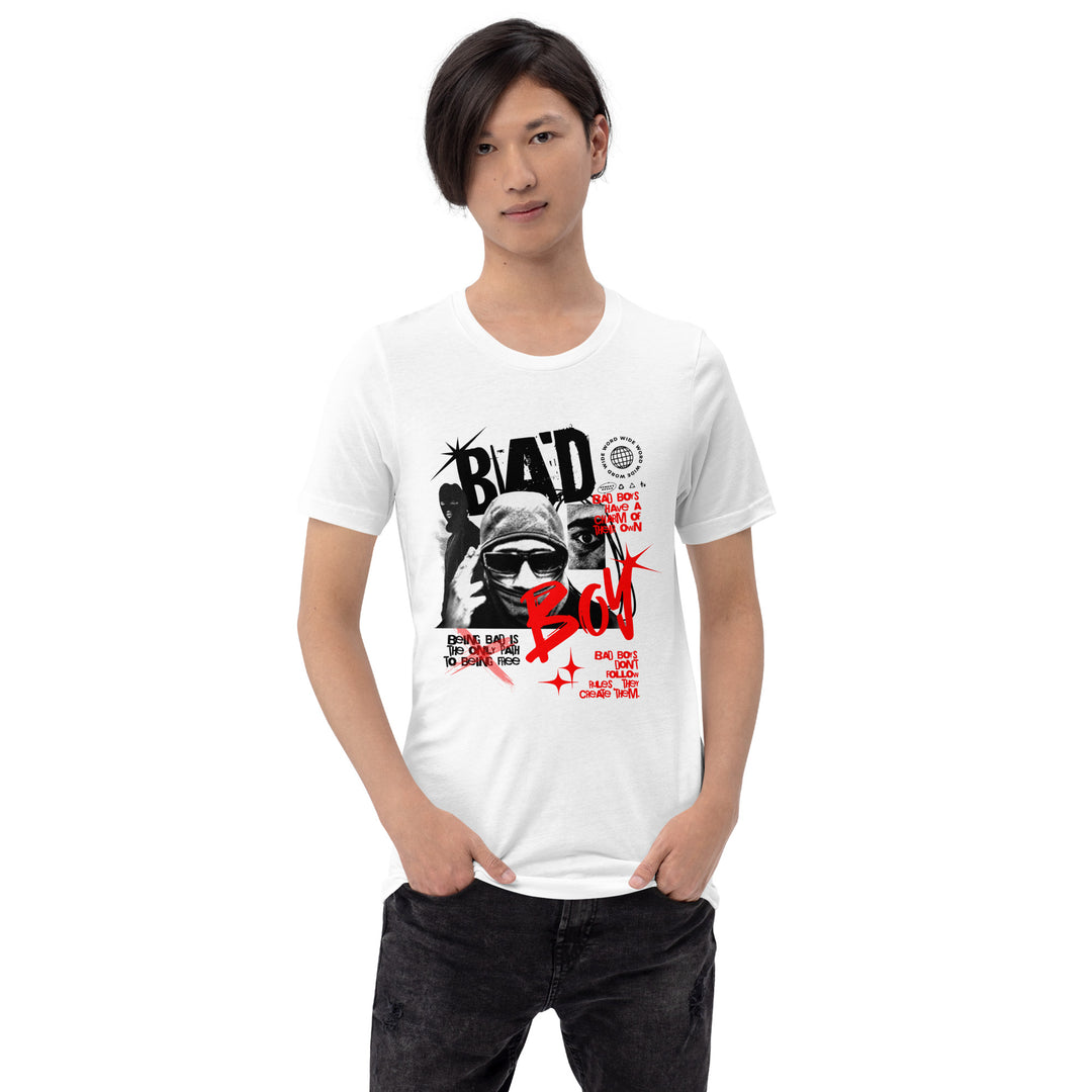 A modern young man is wearing the Men's Bad Boy Theme Short Sleeve Graphic T-shirt, front view.