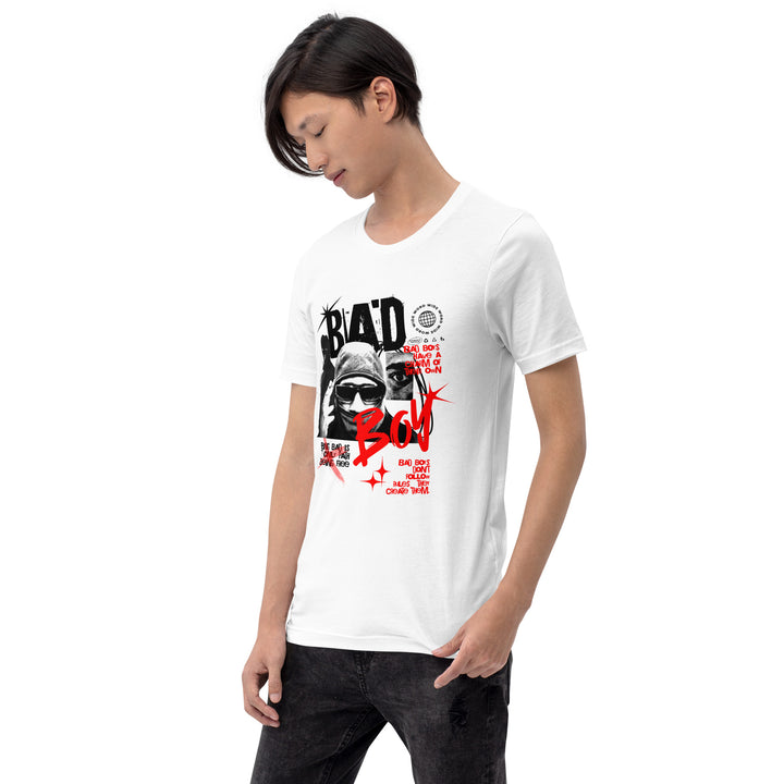 A modern young man is wearing the Men's Bad Boy Theme Short Sleeve Graphic T-shirt, front left view.