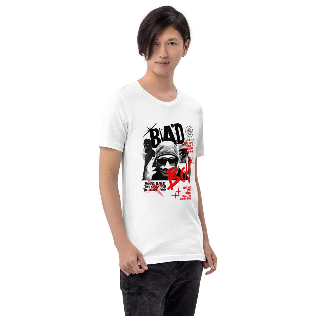 A modern young man is wearing the Men's Bad Boy Theme Short Sleeve Graphic T-shirt, front right view.