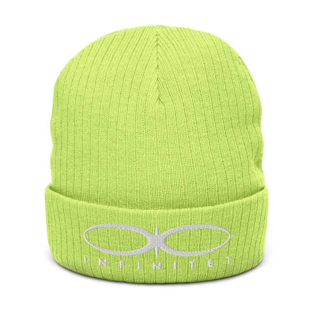 Ribbed Logo Over Text Acid Green Knit Beanie, front view.