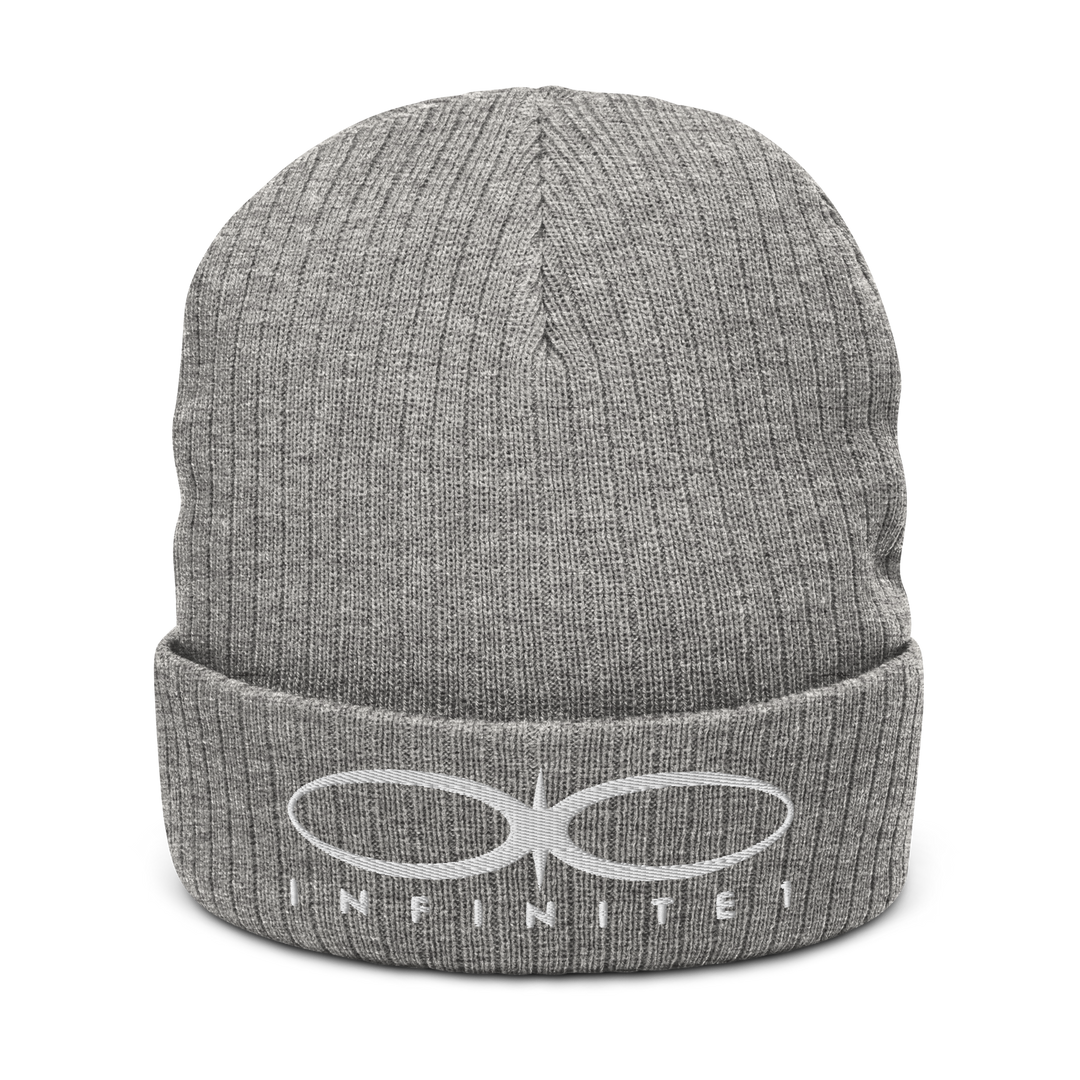 An image of a Ribbed Logo Over Text Light Grey Knit Beanie.