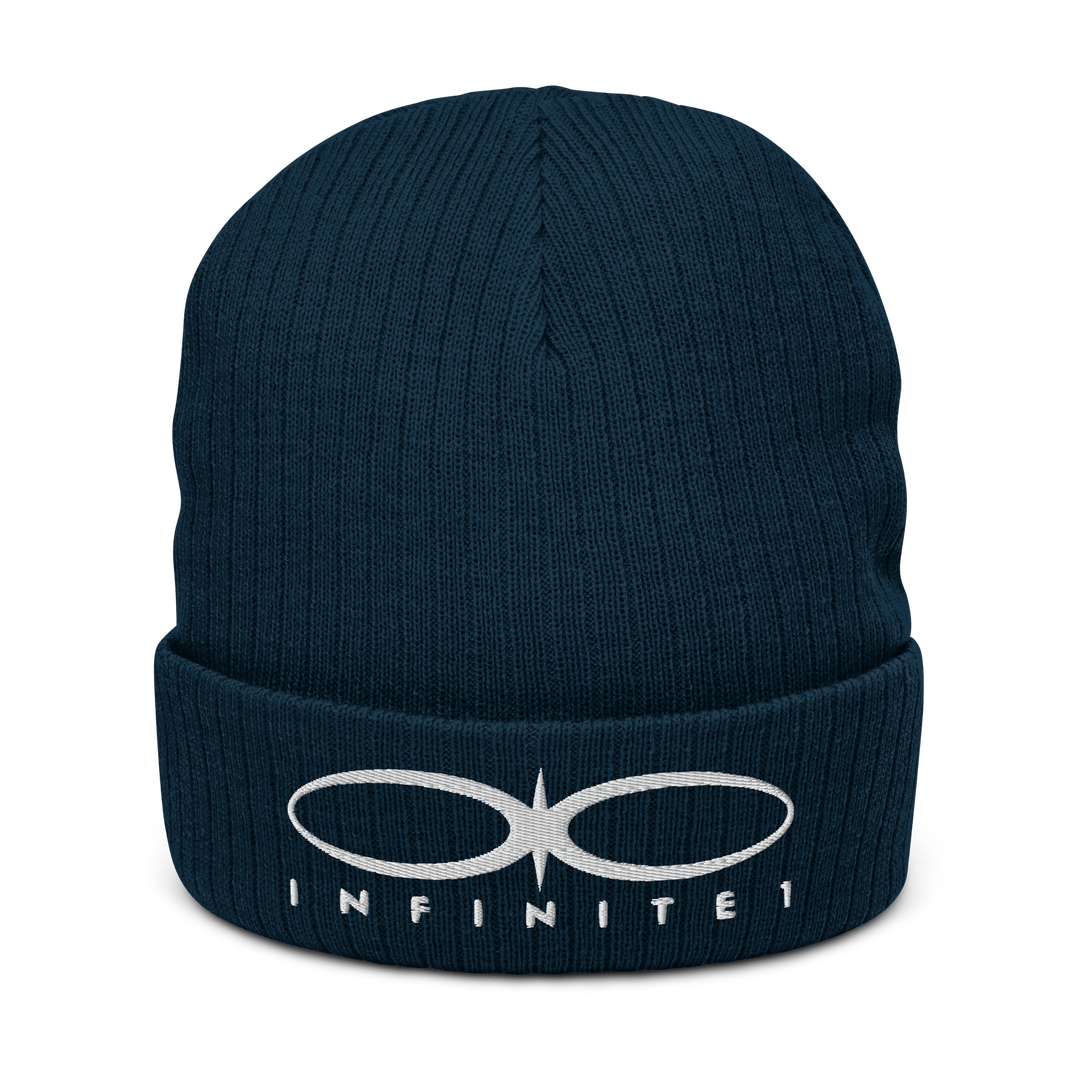 An image of a Ribbed Logo Over Text Navy Blue Knit Beanie.